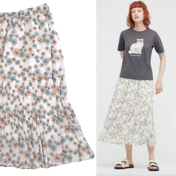 Uniqlo Paul & Joe Tiered Floral Cottagecore Boho Midi Maxi Skirt Cream White M - Picture 1 of 9